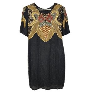 Jakelin Designs Vintage 100% Silk Sequin Beaded Cocktail Dress Size 1X